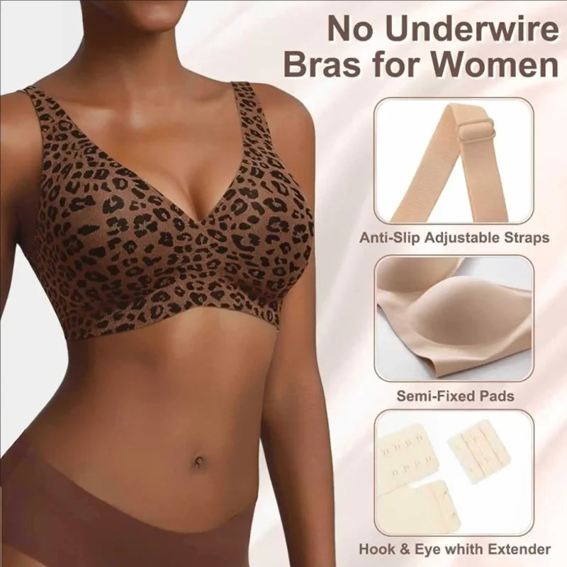 Women'S Wire-Free Seamless Leopard Print Bra Soft Support Full Cup Thin Mold Bra Beautiful and Breathable Supportive plus up Bra