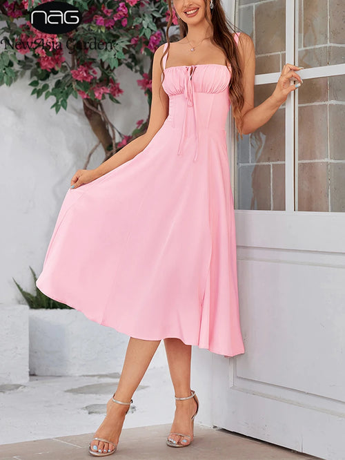 Newasia Summer Sweet Solid Sleeveless Long Dress Women Fashion Bandage Camisole Dresses Padded Boned Robe Elegant Party Vestidos